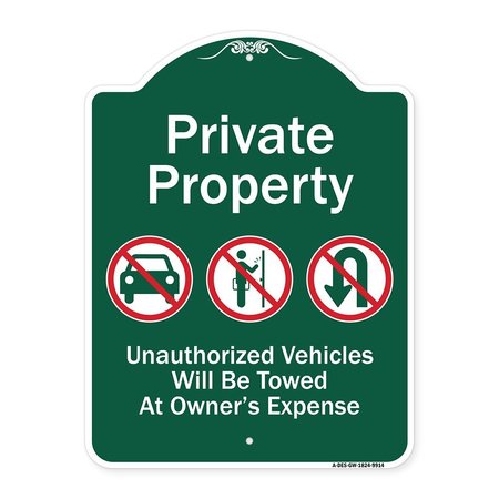 SIGNMISSION Private Property Unauthorized Vehicles Towed No Cars No Solicitors No Turn Around Sym, GW-1824-9914 A-DES-GW-1824-9914